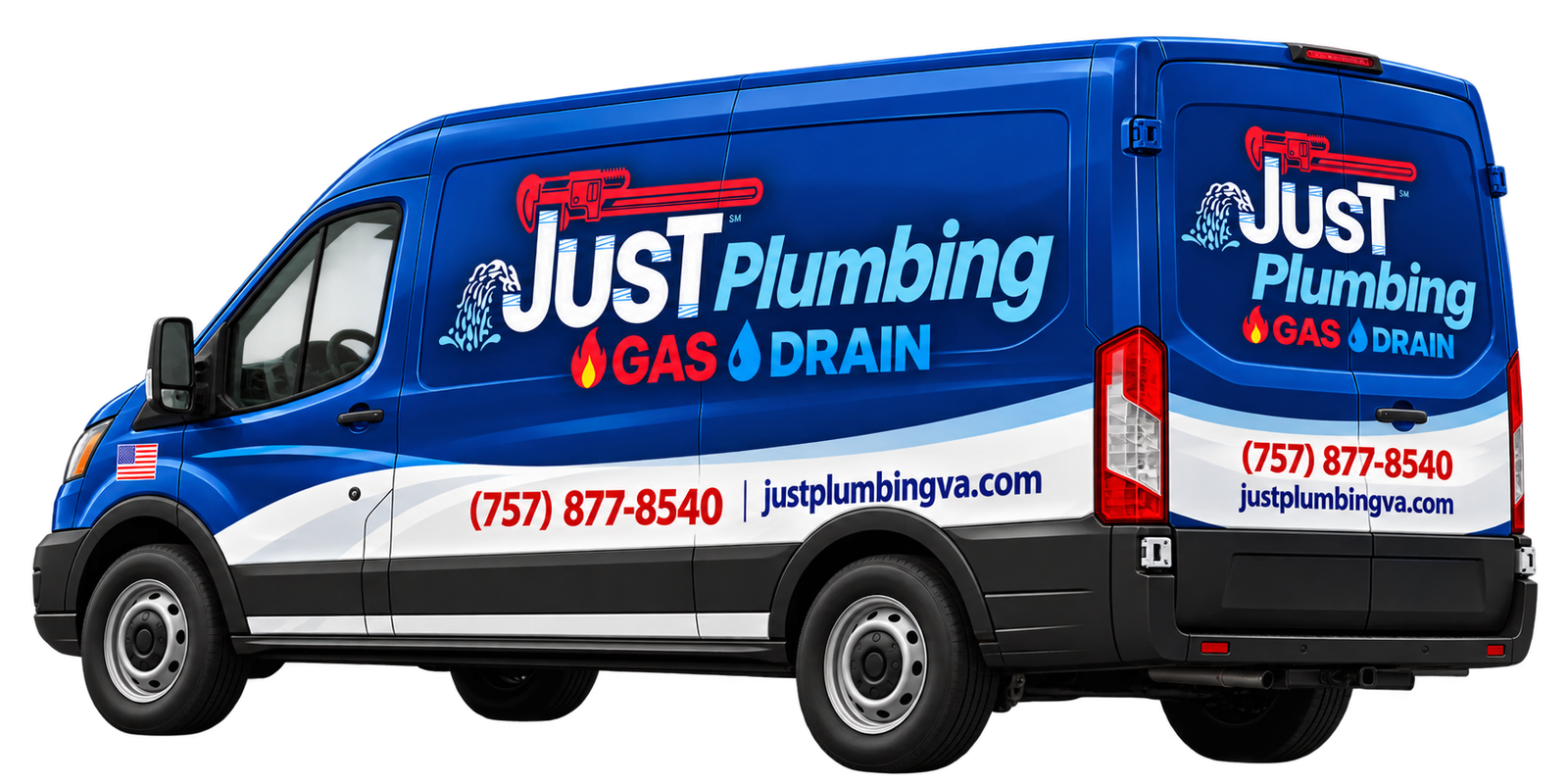 Just Plumbing service van with blue-and-white branding and red lettering.